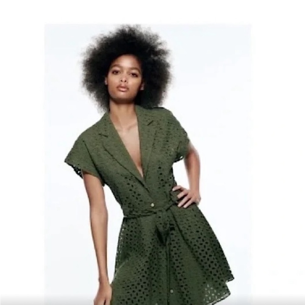 Zara Cotton Green Embroidered Eyelet Shirtdress, size S (but fits like x-small)